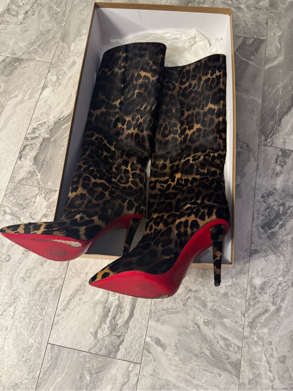Christian Louboutin Eloise Botta 85 Leopard Calf Hair Knee High Boots 38.5